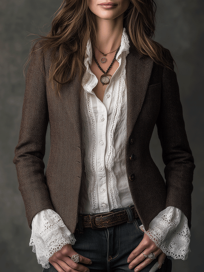 Betty – Tailored Herringbone Tweed-Look Blazer
