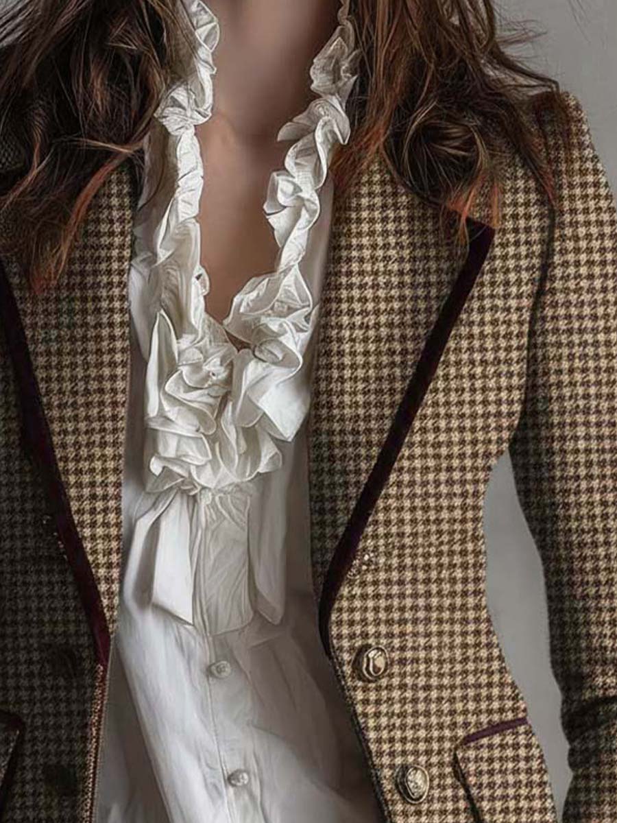 Rosalie – Houndstooth Tailored Blazer with Velvet Trim
