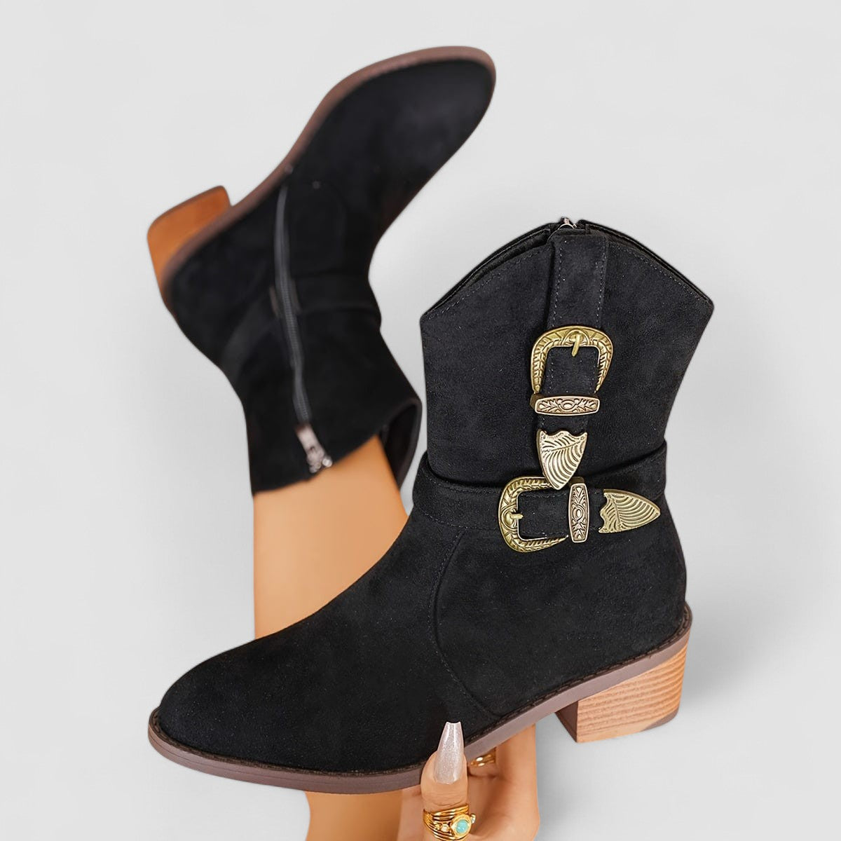 Roberta – Western Buckle Block Heel Boots