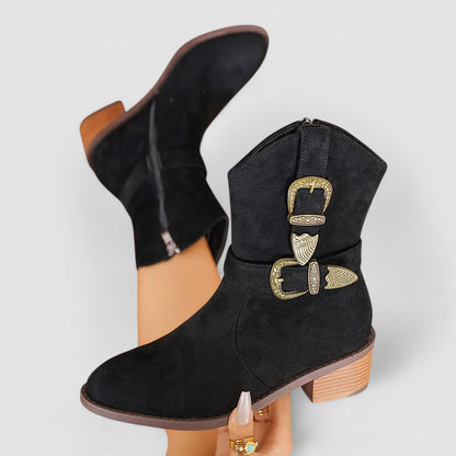 Roberta – Western Buckle Block Heel Boots