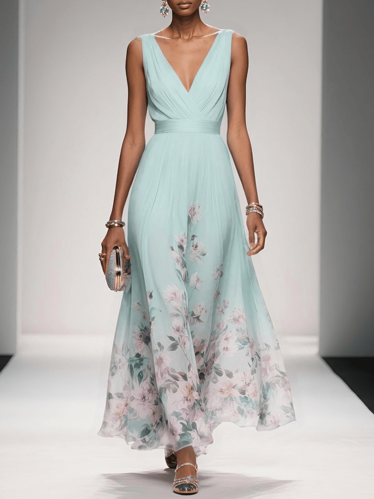 Alina | Light Blue Floral Chiffon V-Neck Maxi Dress
