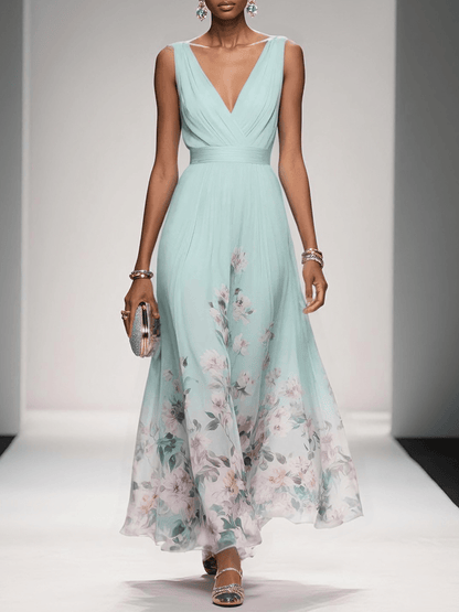 Alina | Light Blue Floral Chiffon V-Neck Maxi Dress