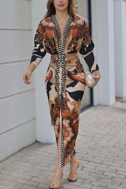 Elaina | Sun Escape Unique Print Dolman Midi Dress