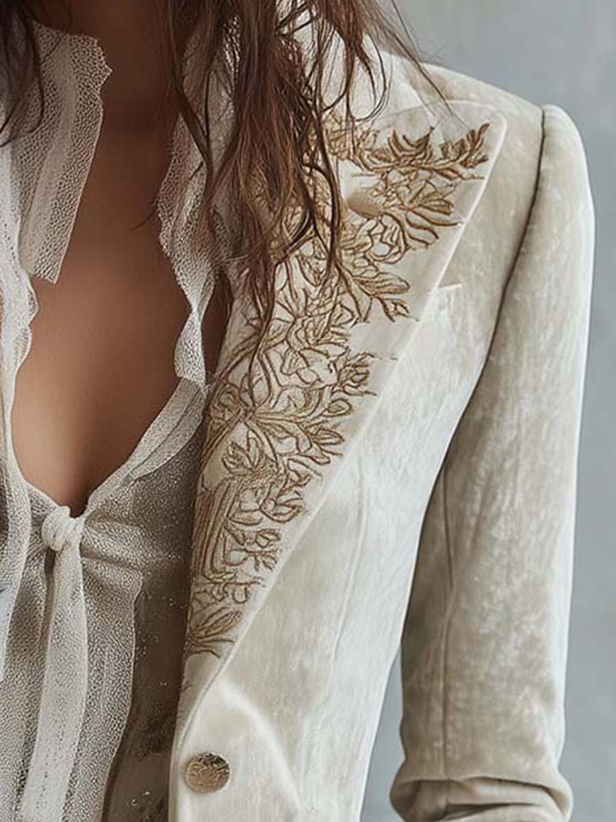 Joan – Embroidered Velvet-Look Blazer with Lace Cuffs