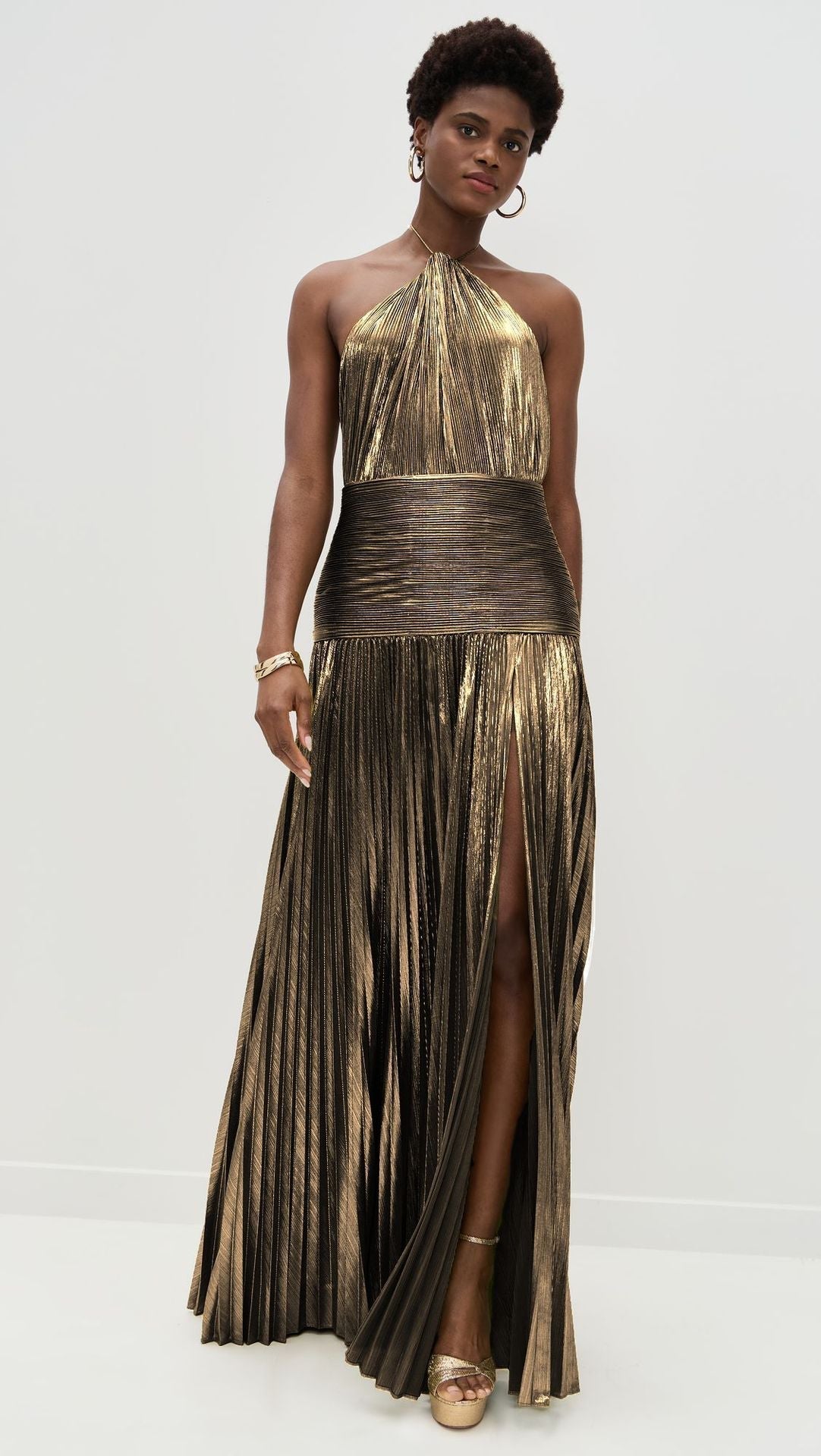 Kasey | Trendy Metallic Plissé Halter Gown