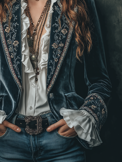 Eugenia – Embroidered Velvet Blazer with Ruffle Cuffs
