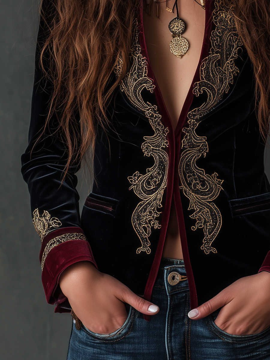 Kara – Baroque Embroidered Velvet-Look Blazer