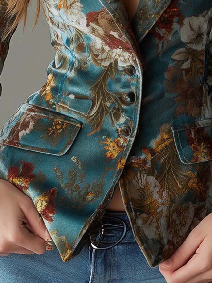 Cheryl – Tailored Floral Print Velvet-Look Blazer