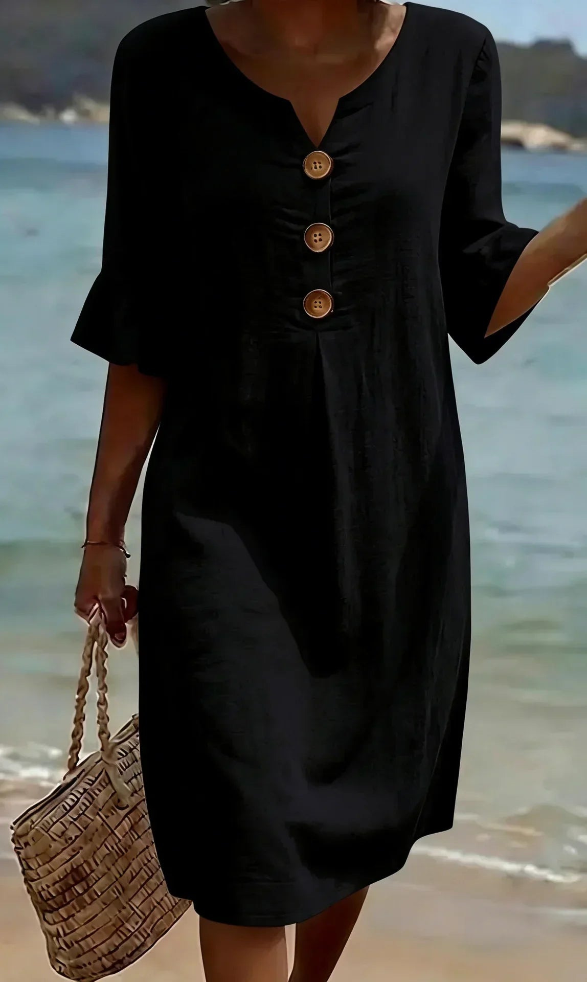 Kara – Relaxed Linen-Look Button Detail Dress
