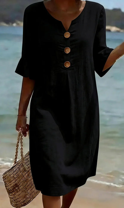 Kara – Relaxed Linen-Look Button Detail Dress