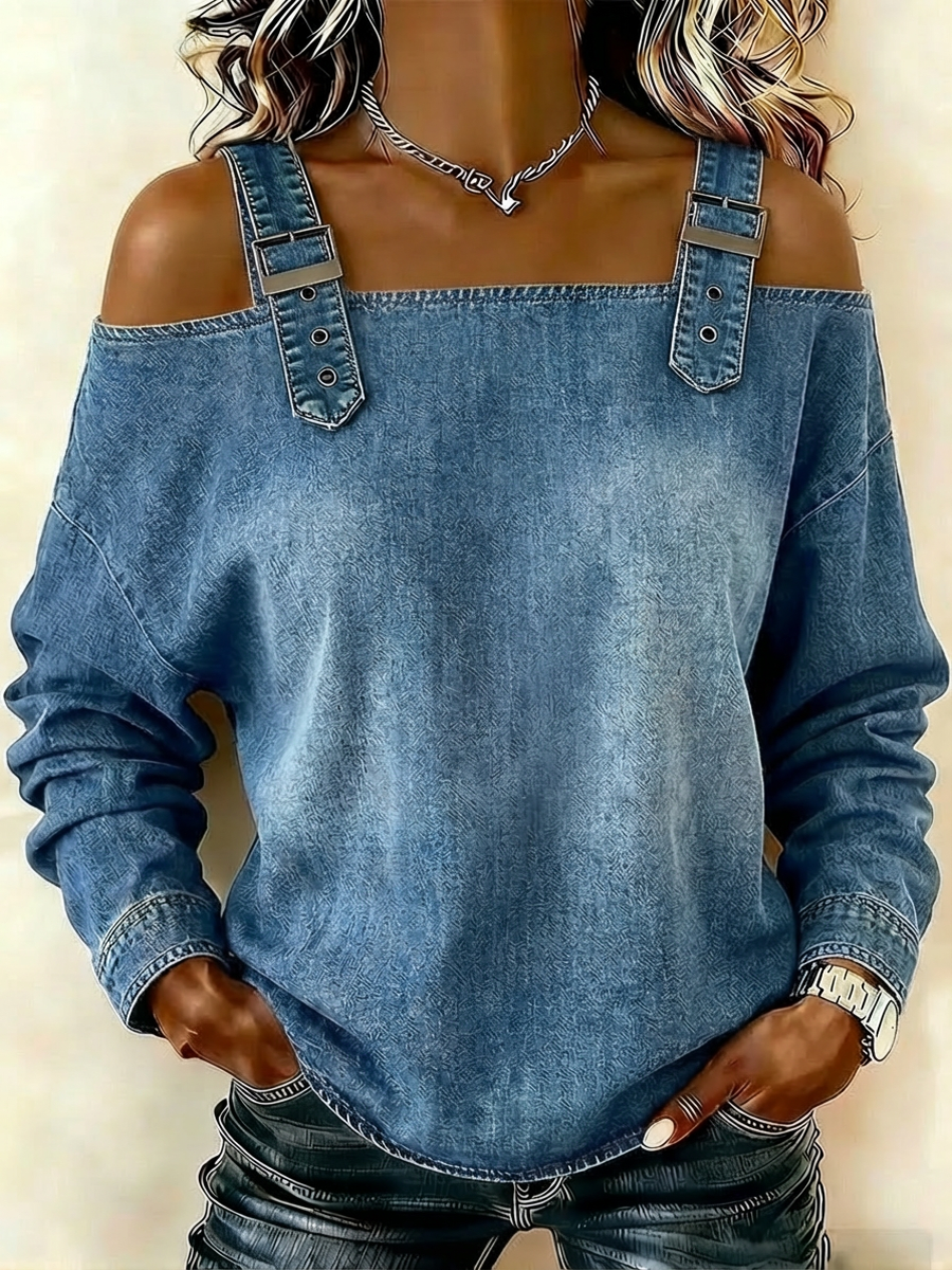 Jeanette – Off-Shoulder Denim Strap Detail Top