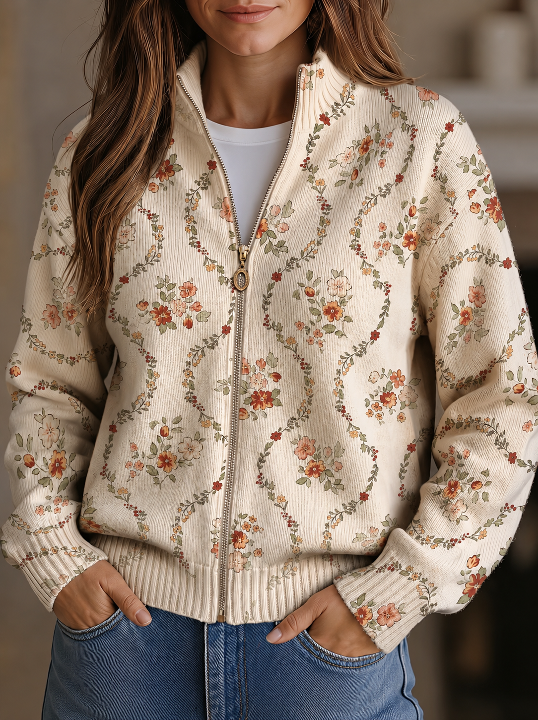 Ruby – Floral Vine Zip-Up Knit Jacket