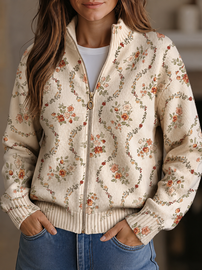 Ruby – Floral Vine Zip-Up Knit Jacket