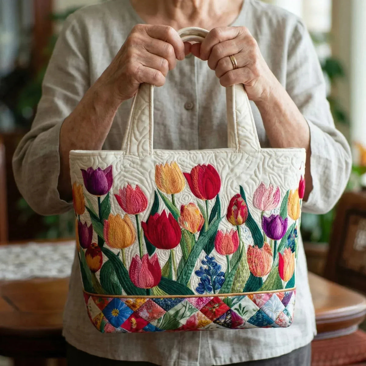 Vanessa – Quilted Tulip Garden Tote Bag