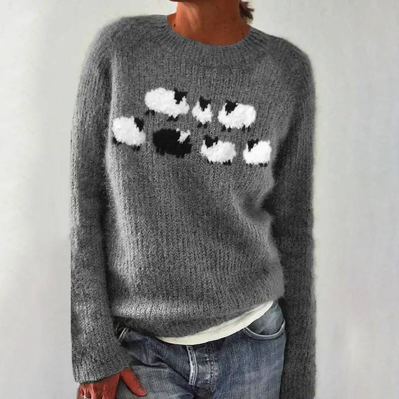 Lynn – Fluffy Knit Jumper with Sheep Print