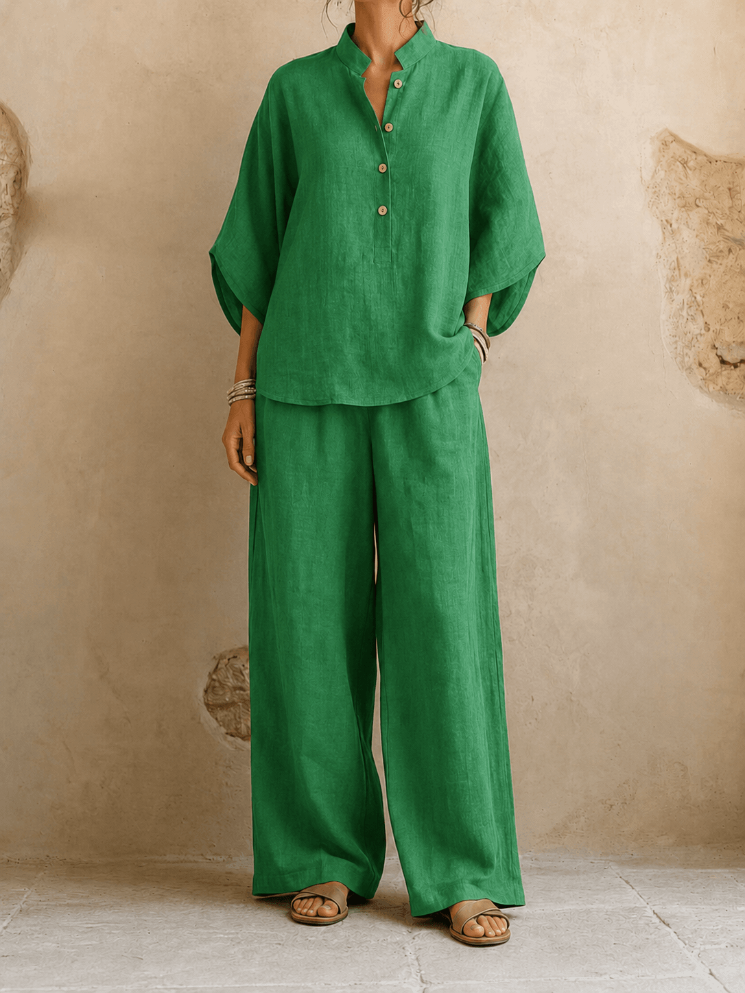 Lynne – Linen-Look Batwing Top and Wide-Leg Pants Set