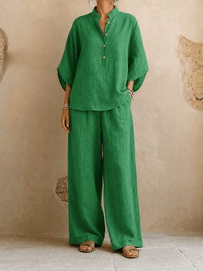 Lynne – Linen-Look Batwing Top and Wide-Leg Pants Set