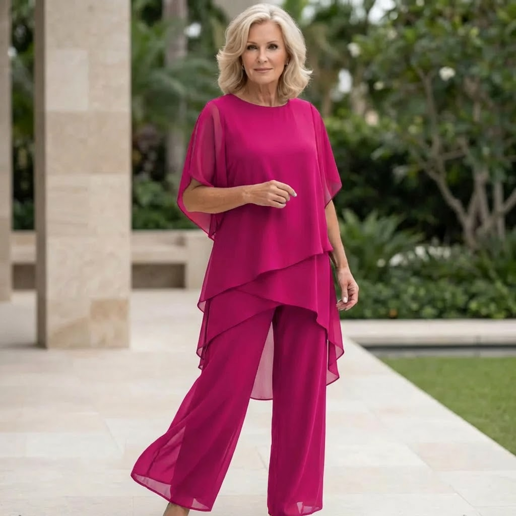 Carla – Layered Chiffon Top and Wide-Leg Pant Set