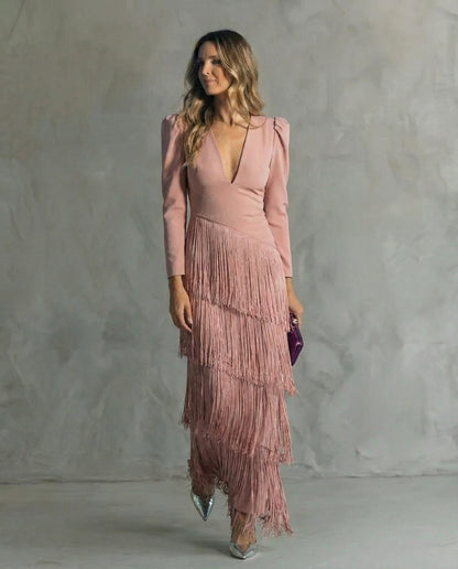 Adley | Elegant Midi Dress with Fringe Sleeves