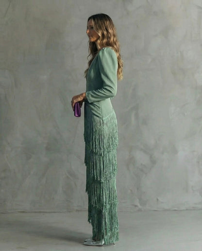 Adley | Elegant Midi Dress with Fringe Sleeves