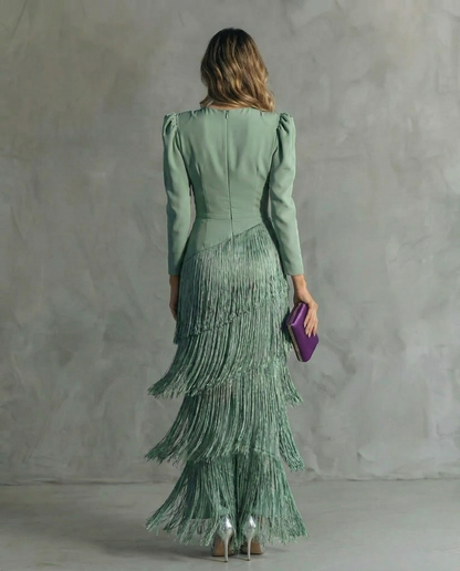 Adley | Elegant Midi Dress with Fringe Sleeves