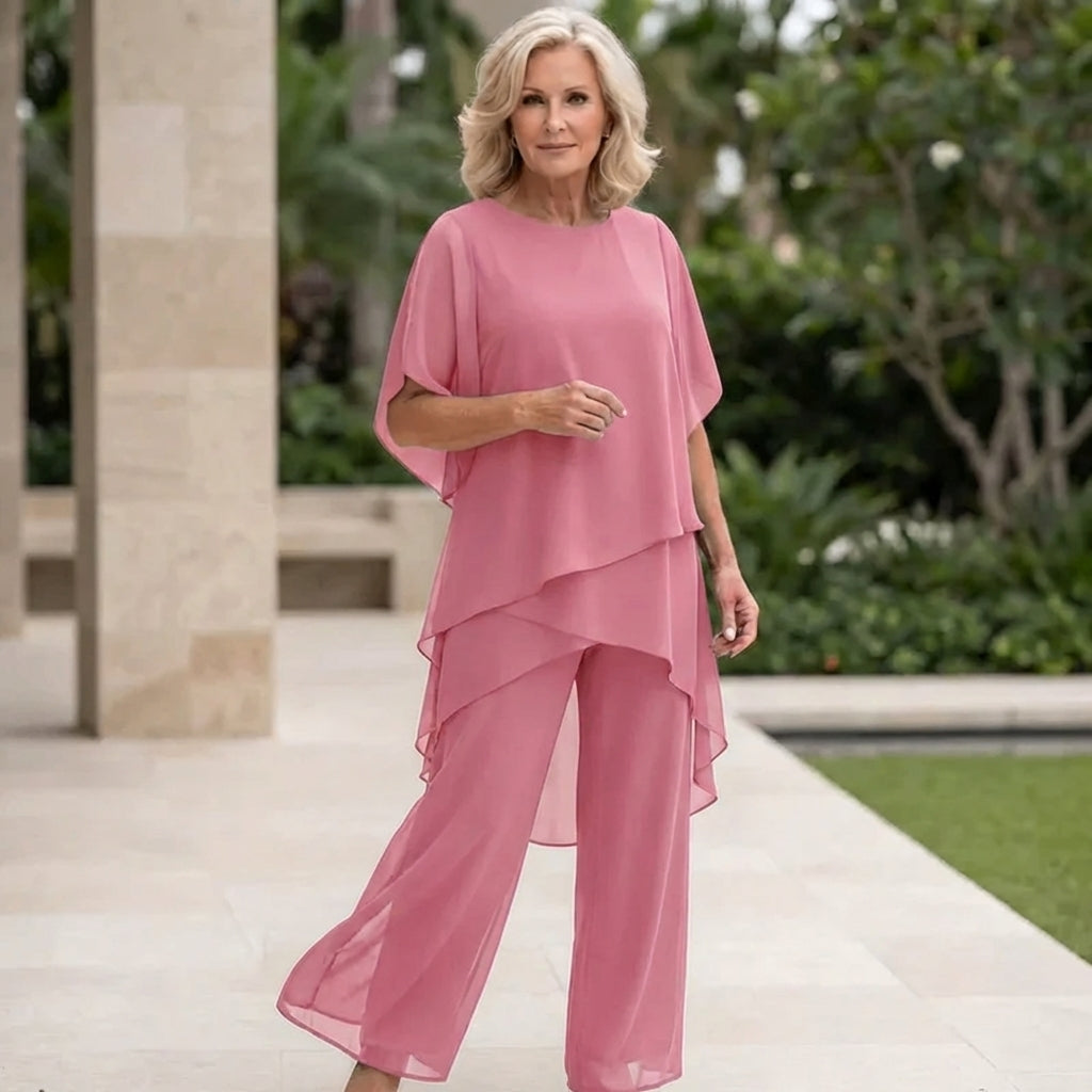 Carla – Layered Chiffon Top and Wide-Leg Pant Set