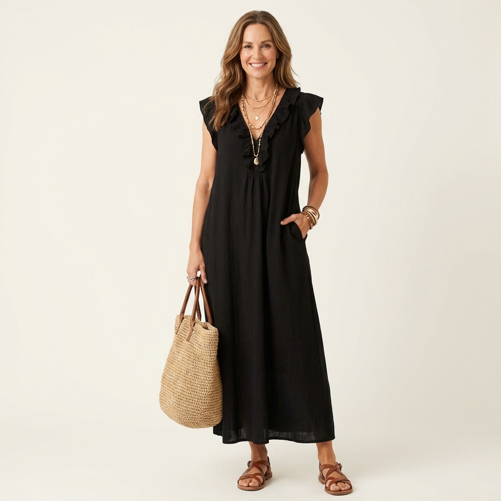Sue – Ruffle V-Neck Relaxed Maxi Dress