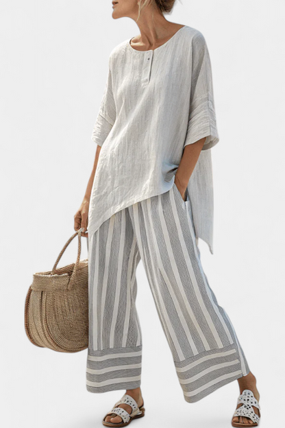 Griselda | Elegant Asymmetrical Blouse & Striped Pants