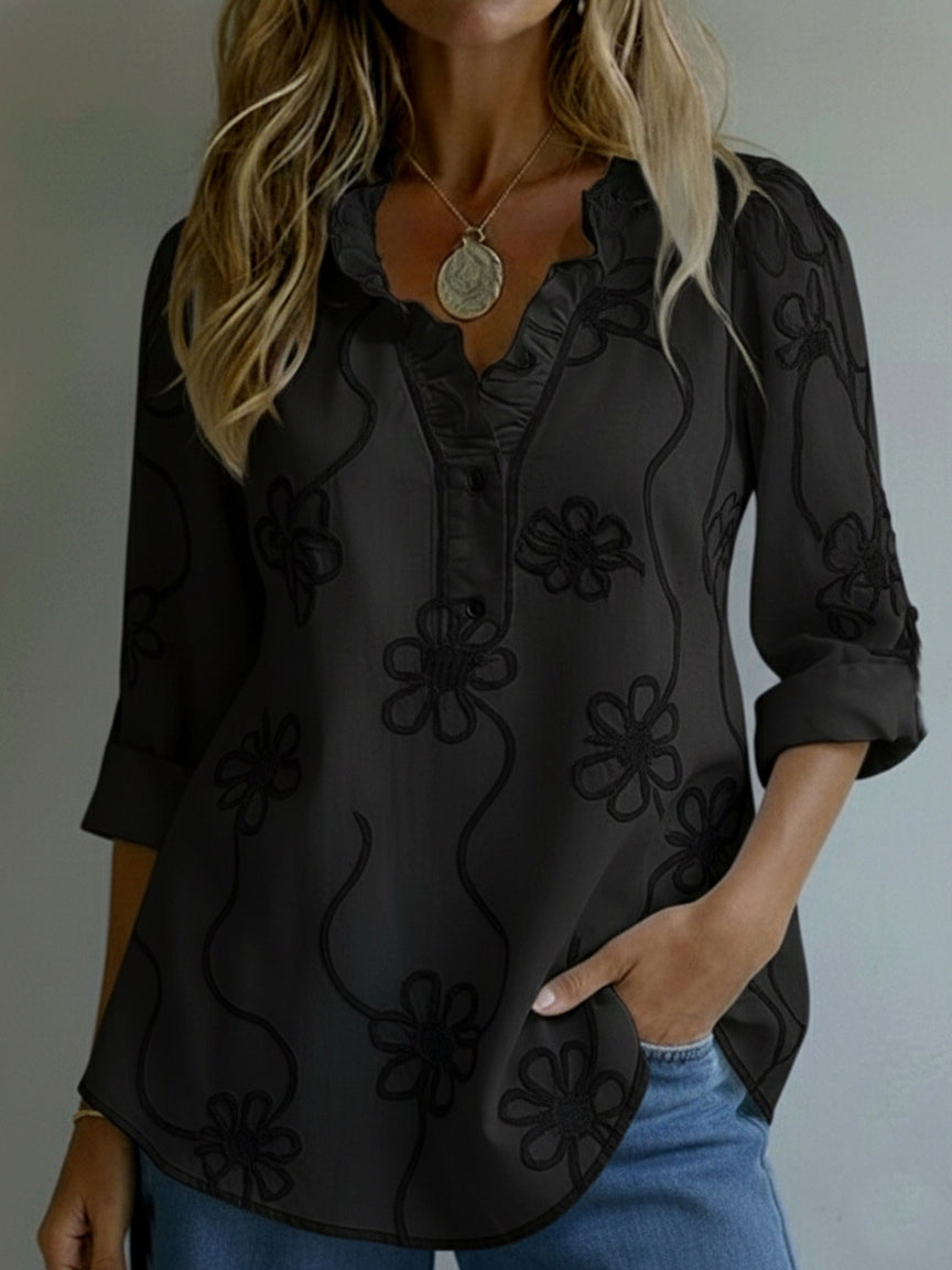 Leonie – Embroidered Ruffle Neck Blouse
