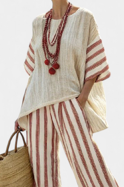 Mercy | Elegant Rustic Striped Top & Cream Linen Pants
