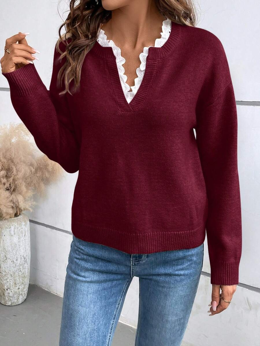 Merle – Lace Trim V-Neck Knit Jumper