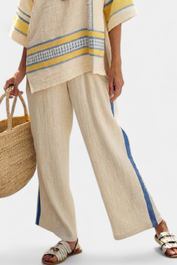 Paisleigh | Comfortable Blue-Yellow Mediterranean Top & Linen Pants