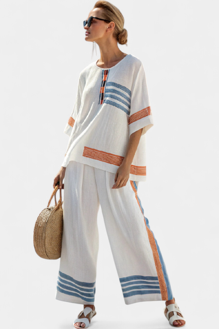Aliyah | Sophisticated Blue-Orange Striped Top & Pants