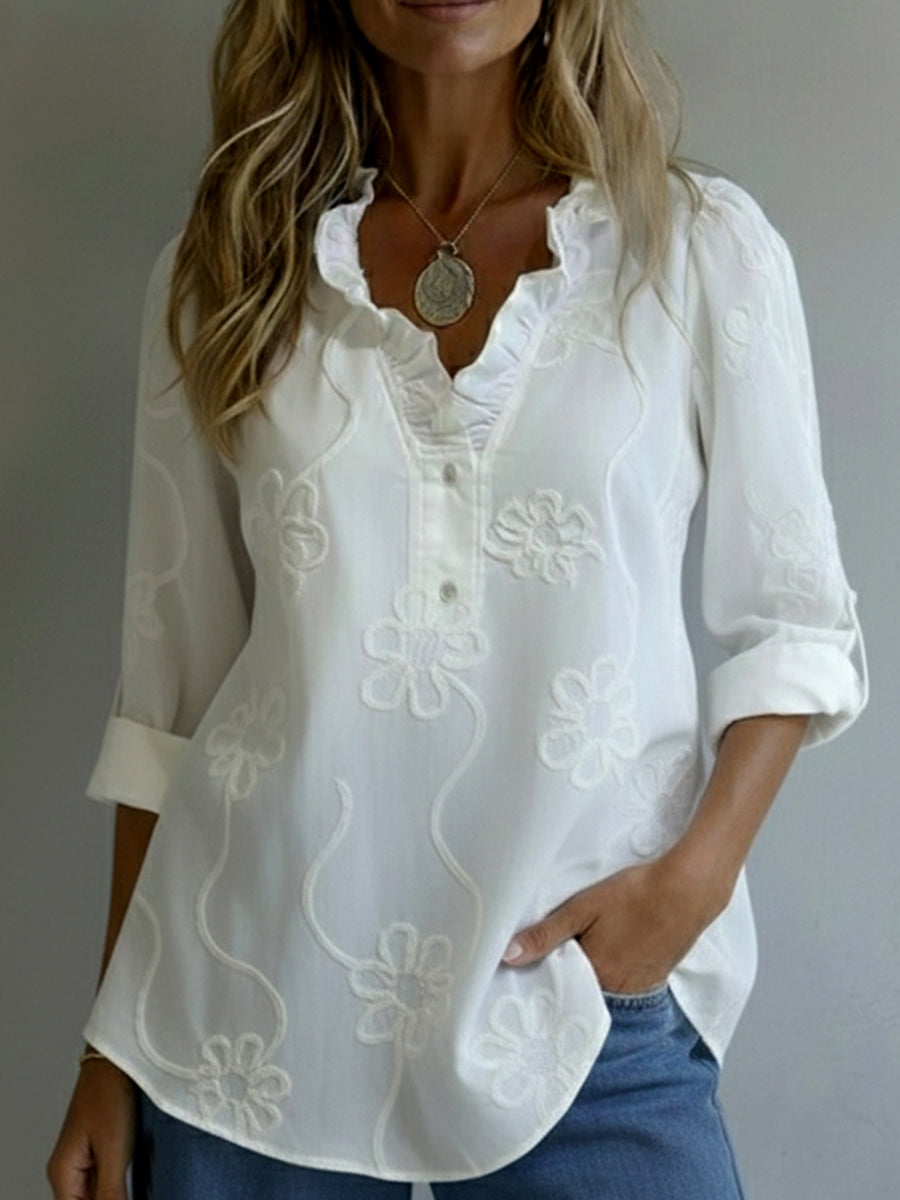 Leonie – Embroidered Ruffle Neck Blouse
