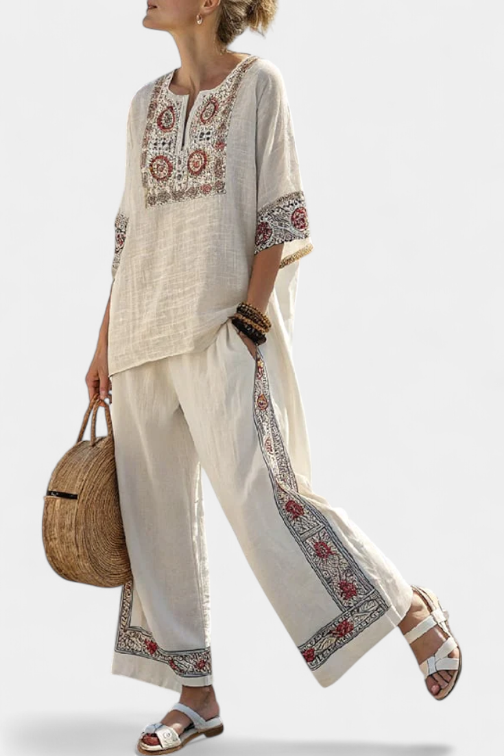 Emiliana | Sophisticated Embroidered Raw Blouse & Wide Pants