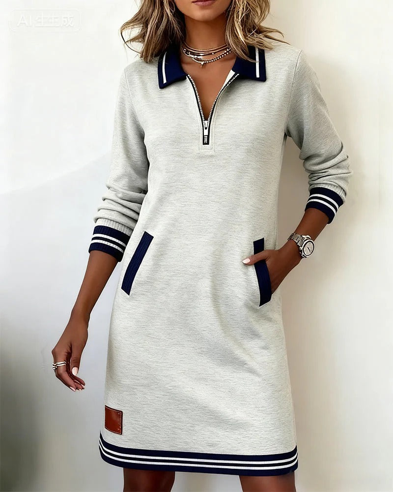 Delia – Zip-Front Lapel Sweatshirt Dress