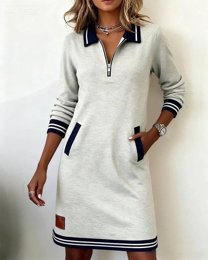 Delia – Zip-Front Lapel Sweatshirt Dress