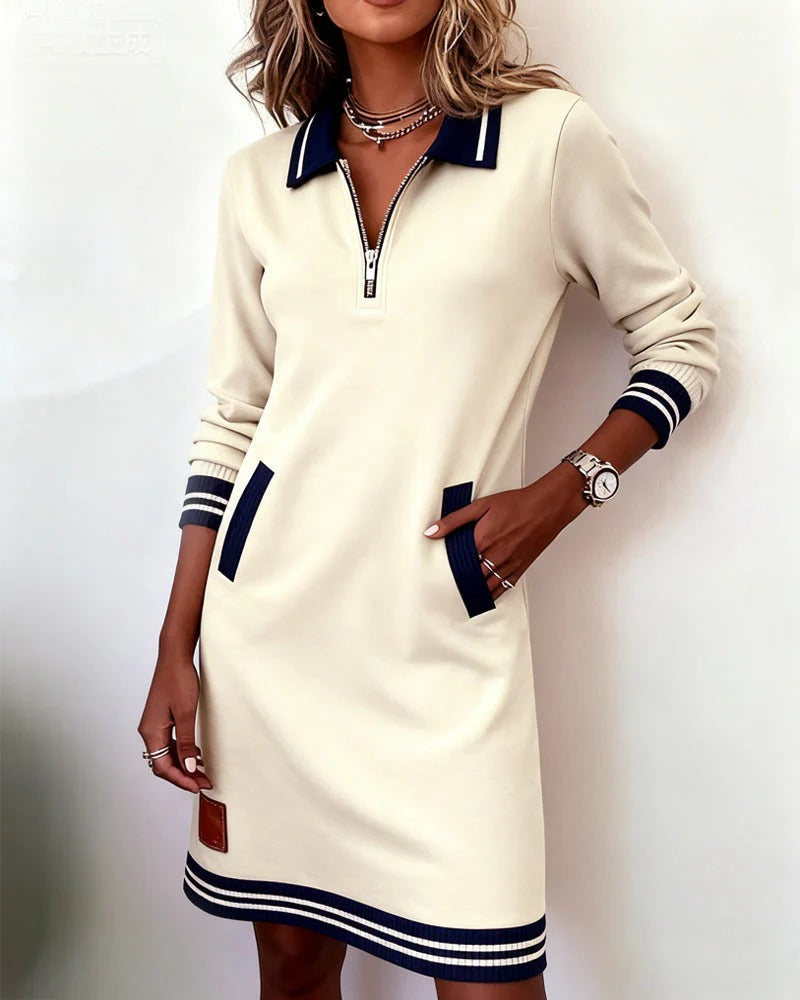 Delia – Zip-Front Lapel Sweatshirt Dress