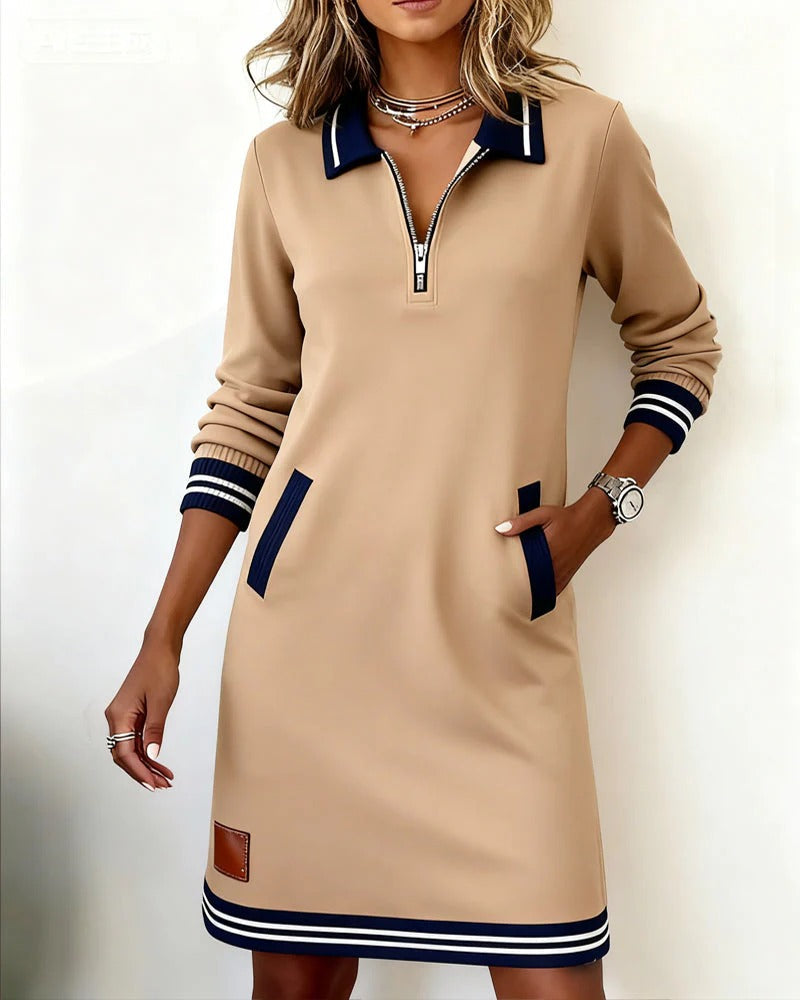 Delia – Zip-Front Lapel Sweatshirt Dress