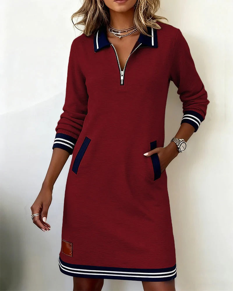 Delia – Zip-Front Lapel Sweatshirt Dress