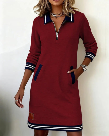Delia – Zip-Front Lapel Sweatshirt Dress