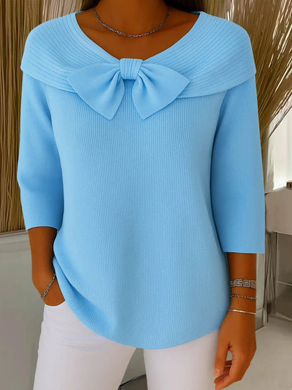 Elaine – Fitted Ribbed Knit Top with Bow Detail