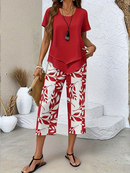 Christen | Casual Leaf Print Two-Piece Set