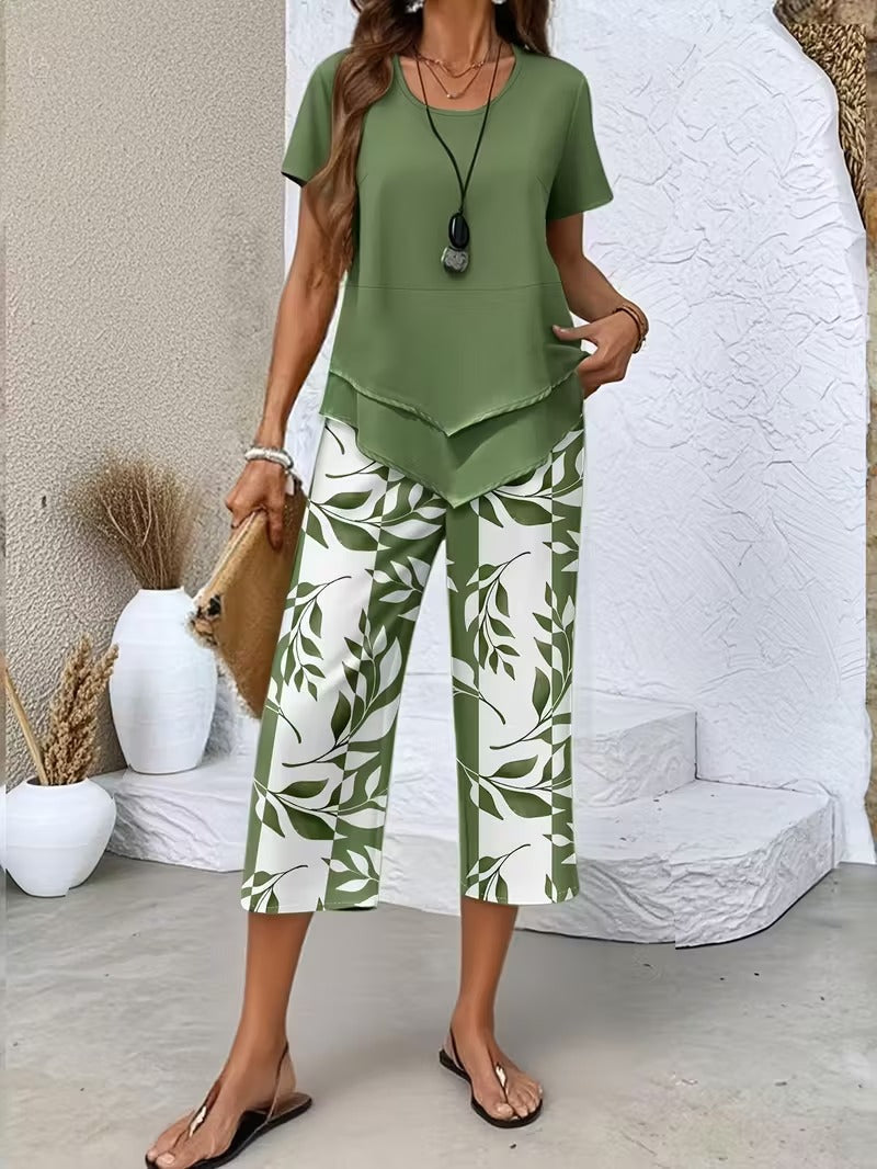 Christen | Casual Leaf Print Two-Piece Set