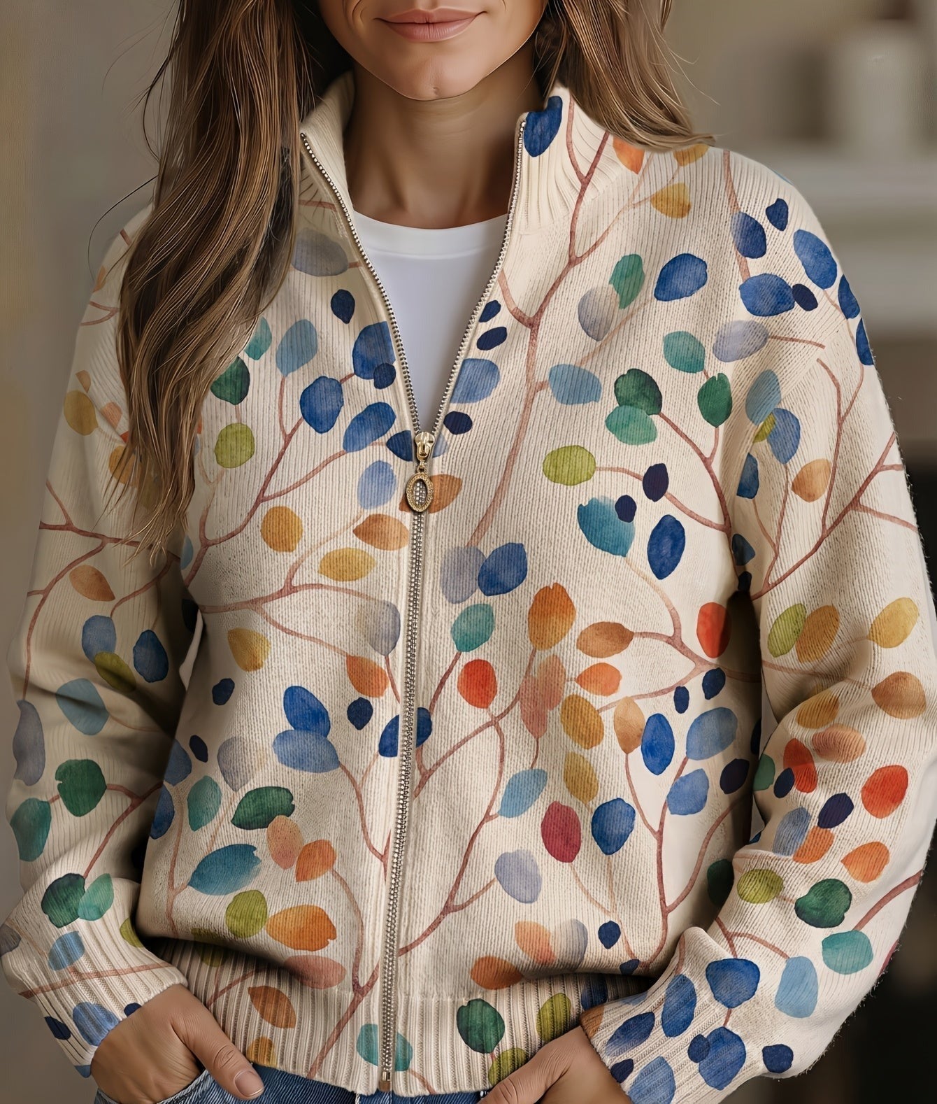 Zelda – Botanical Leaf Print Zip Jacket