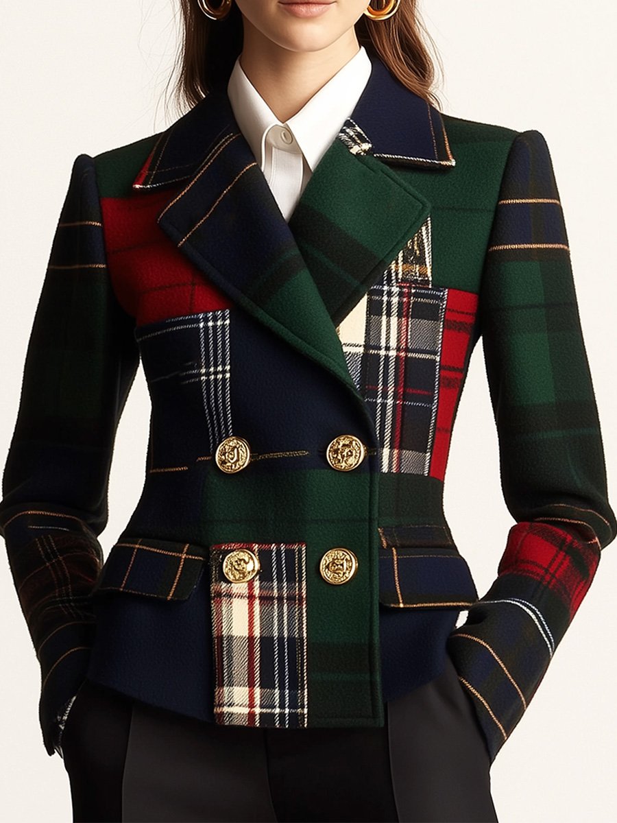 Sarah – Patchwork Tartan Double-Breasted Blazer