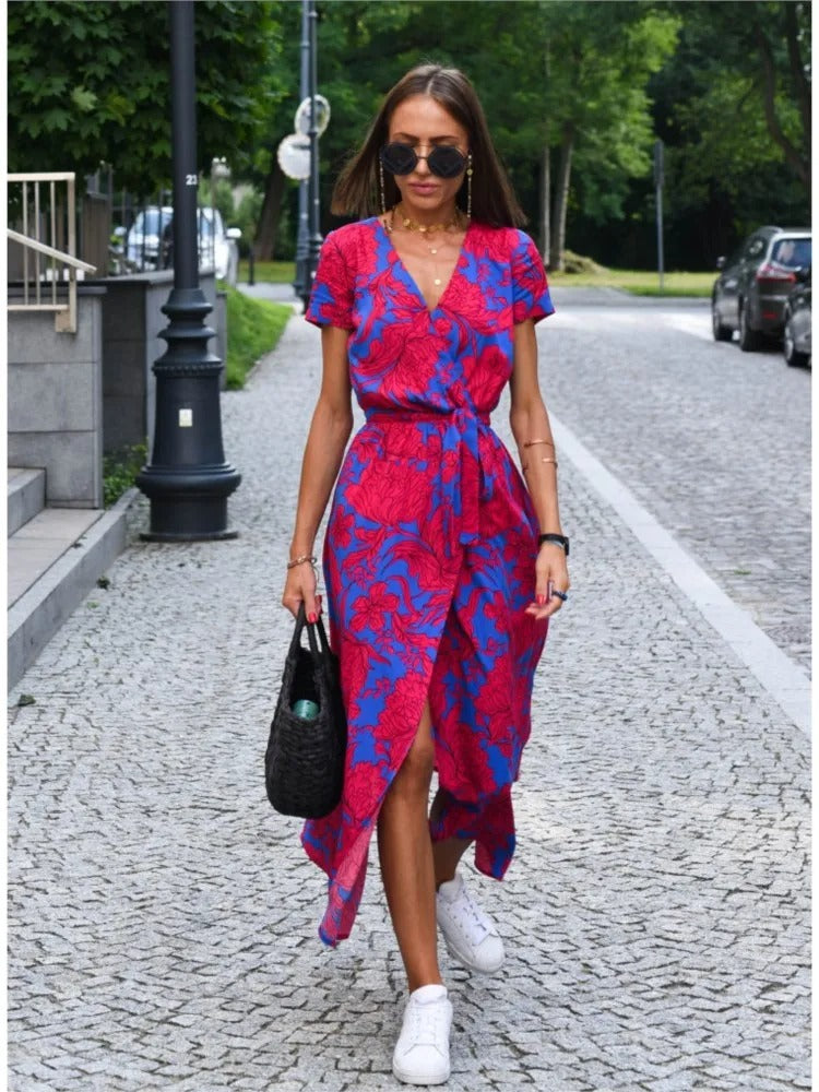 Miriam | Sunset Stroll V-Neck Slit Print Dress