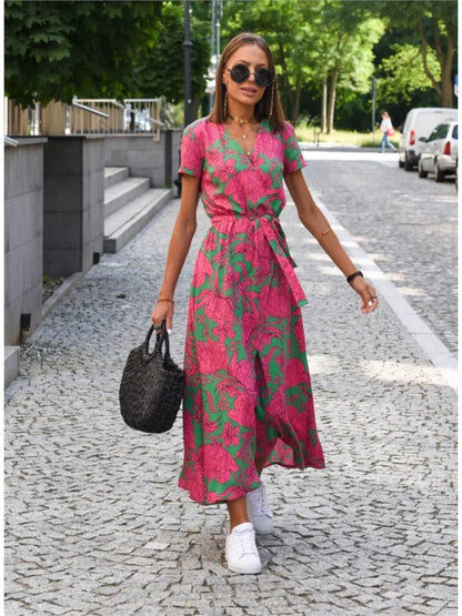 Miriam | Sunset Stroll V-Neck Slit Print Dress