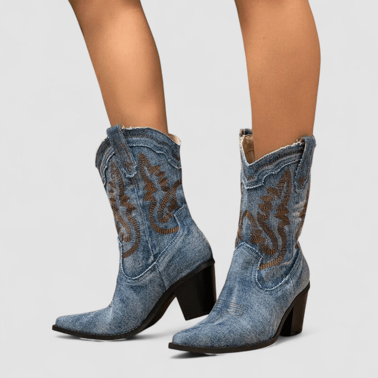 Madeline – Embroidered Denim Western Cowboy Boots