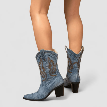 Madeline – Embroidered Denim Western Cowboy Boots